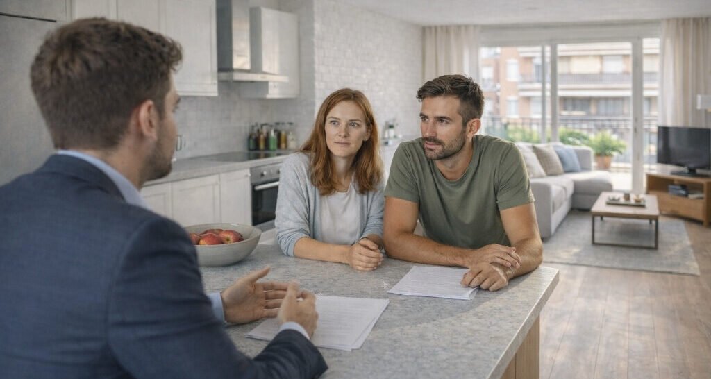 Agente inmobiliario hablando con una pareja sobre la venta de una vivienda con hipoteca en Madrid