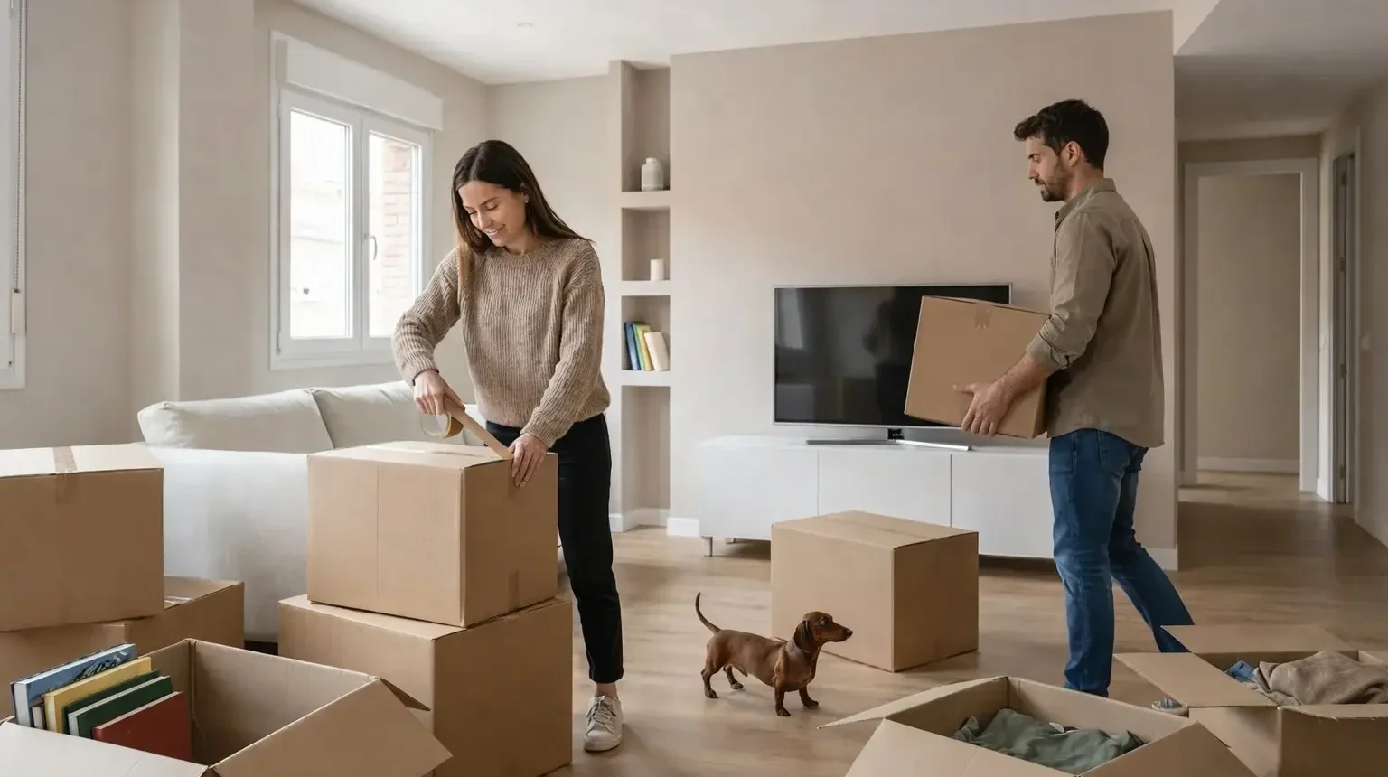 Pareja preparando cajas en una vivienda antes de vender un piso en Madrid