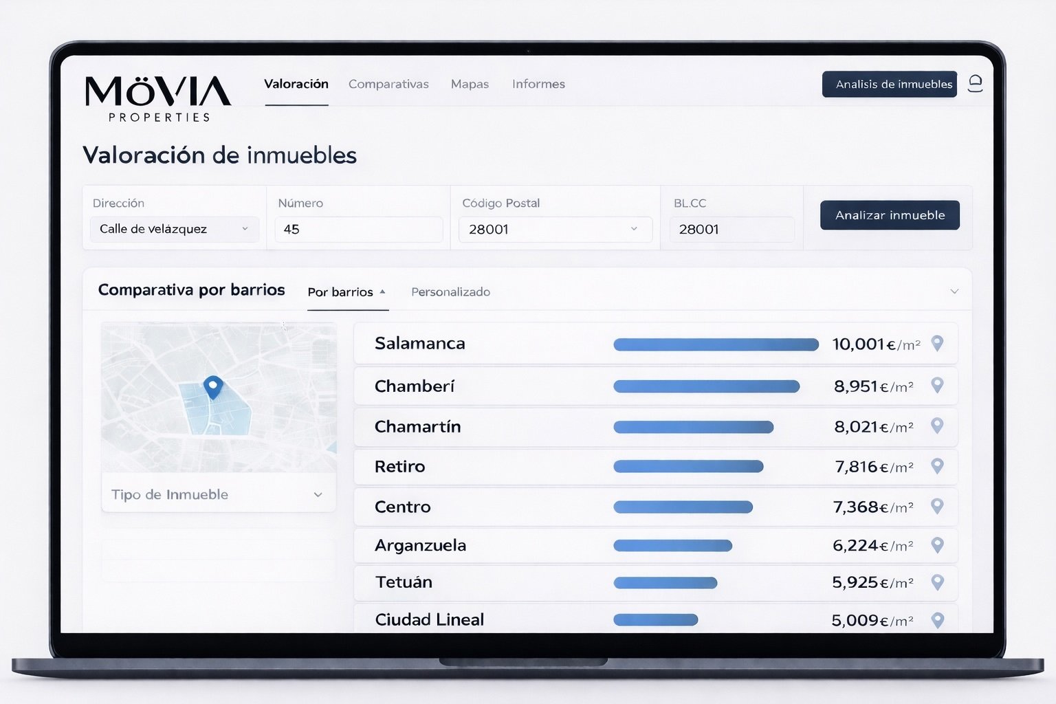 Portátil con herramienta de valoración de inmuebles de MöVIA Properties para Madrid
