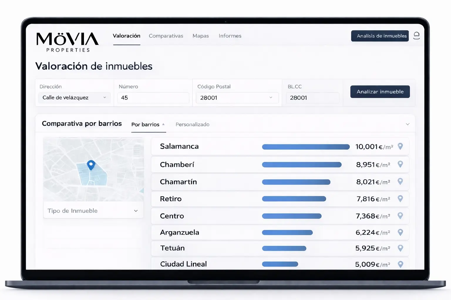 Portátil con herramienta de valoración de inmuebles de MöVIA Properties para Madrid