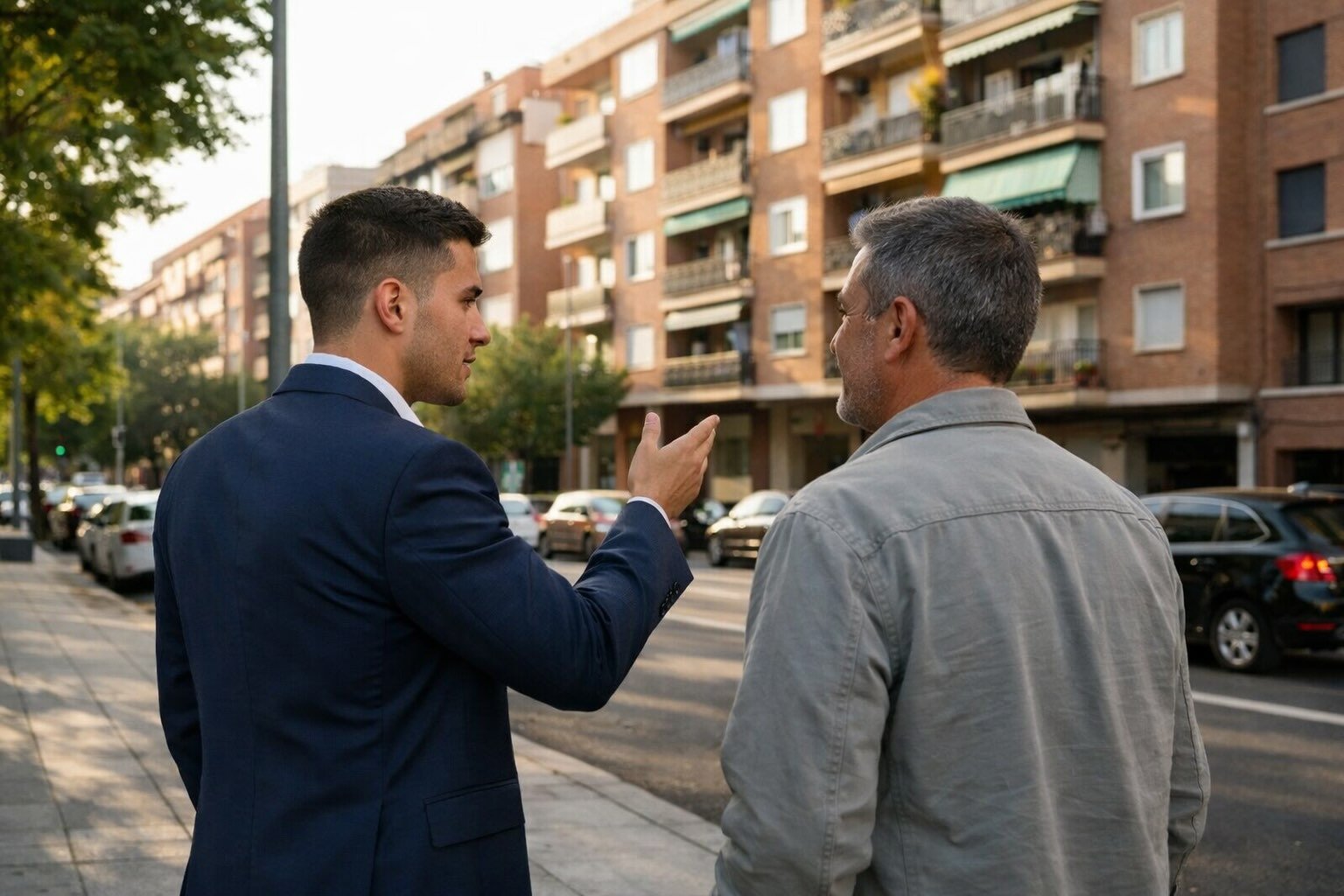 Activos patrimoniales en Madrid. Agente inmobiliario joven y propietario hablando en un barrio residencial de Madrid