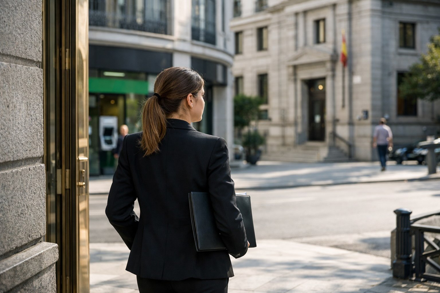 Vender vivienda con carga hipotecaria. Profesional saliendo de una notaría en Madrid en una operación de venta con carga hipotecaria