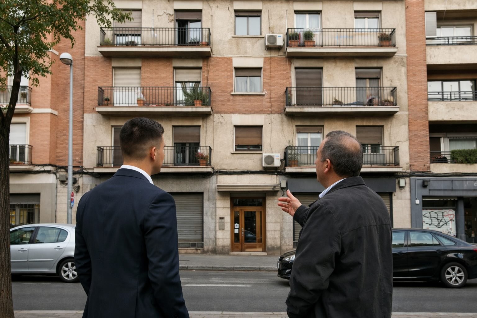 Vender un edificio en Madrid. Agente inmobiliario y comprador profesional analizando un edificio en Madrid