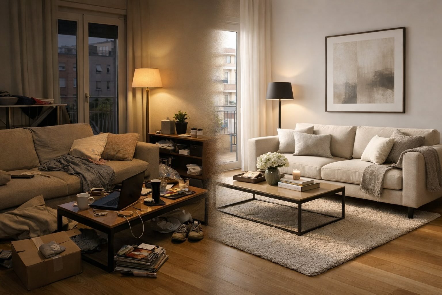Vender vivienda en Madrid. Contraste visual entre una vivienda mal presentada y otra preparada con criterio profesional en Madrid