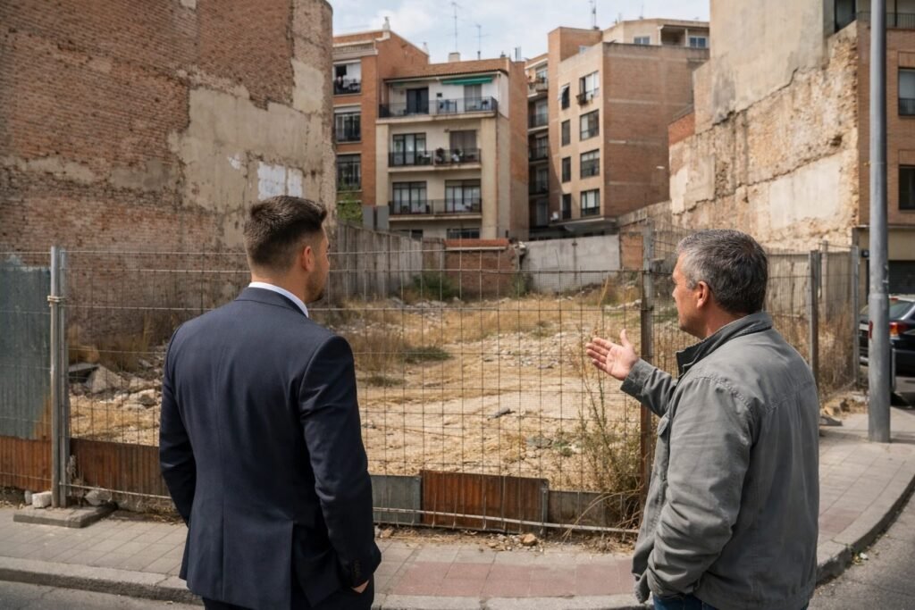 vender un solar en Madrid. Asesor y comprador analizando un solar urbano en Madrid desde la calle