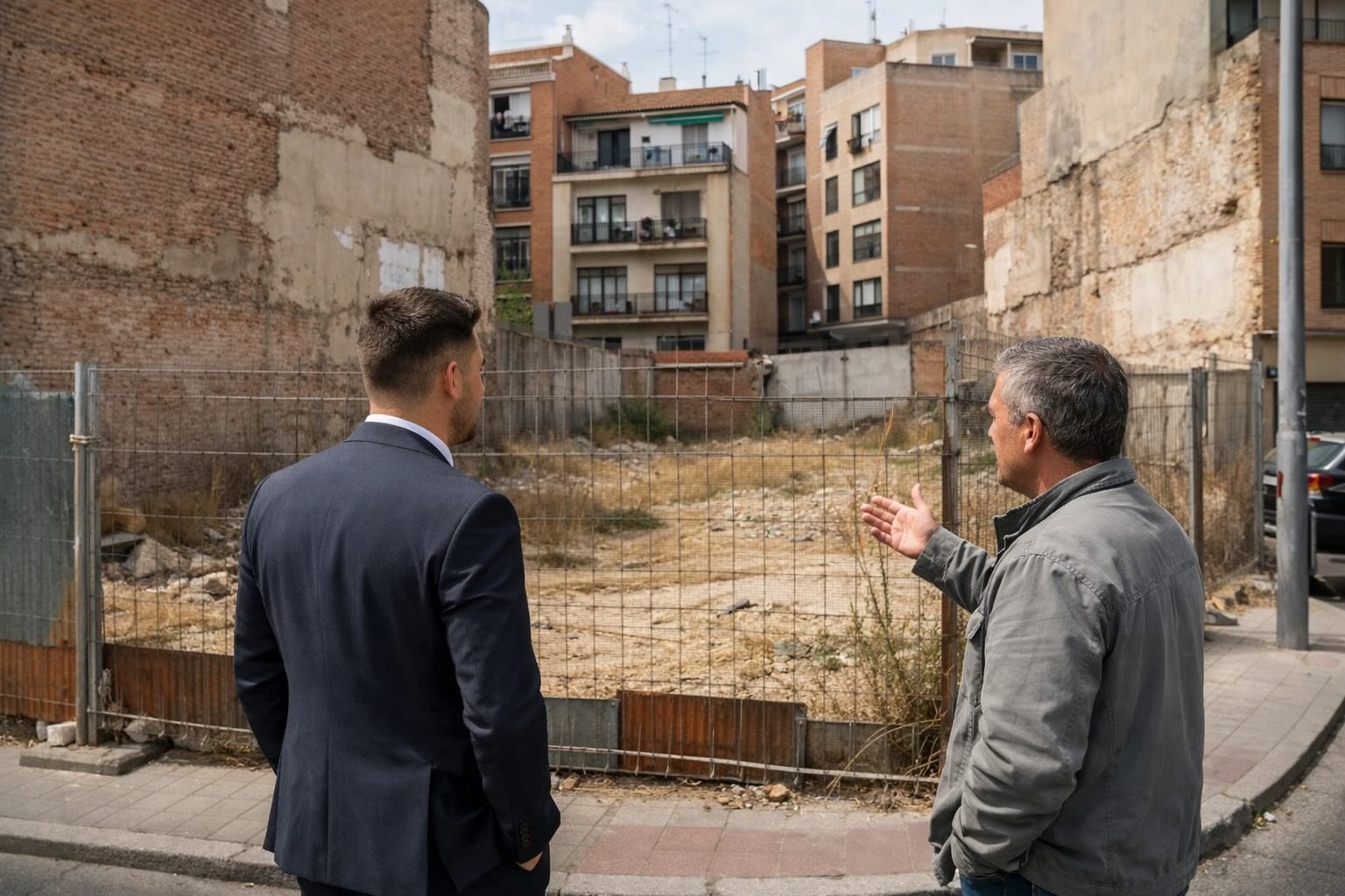 vender un solar en Madrid. Asesor y comprador analizando un solar urbano en Madrid desde la calle