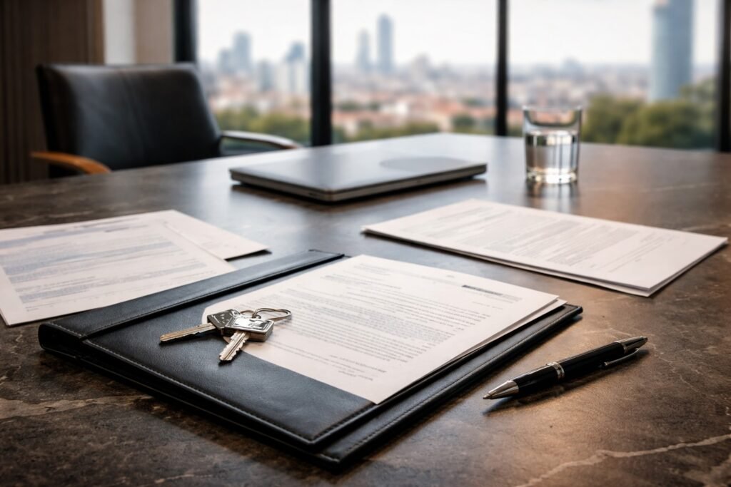 Vender una vivienda con hipoteca pendiente en Madrid. Mesa de cierre con documentación bancaria y llaves para vender una vivienda con hipoteca pendiente en Madrid