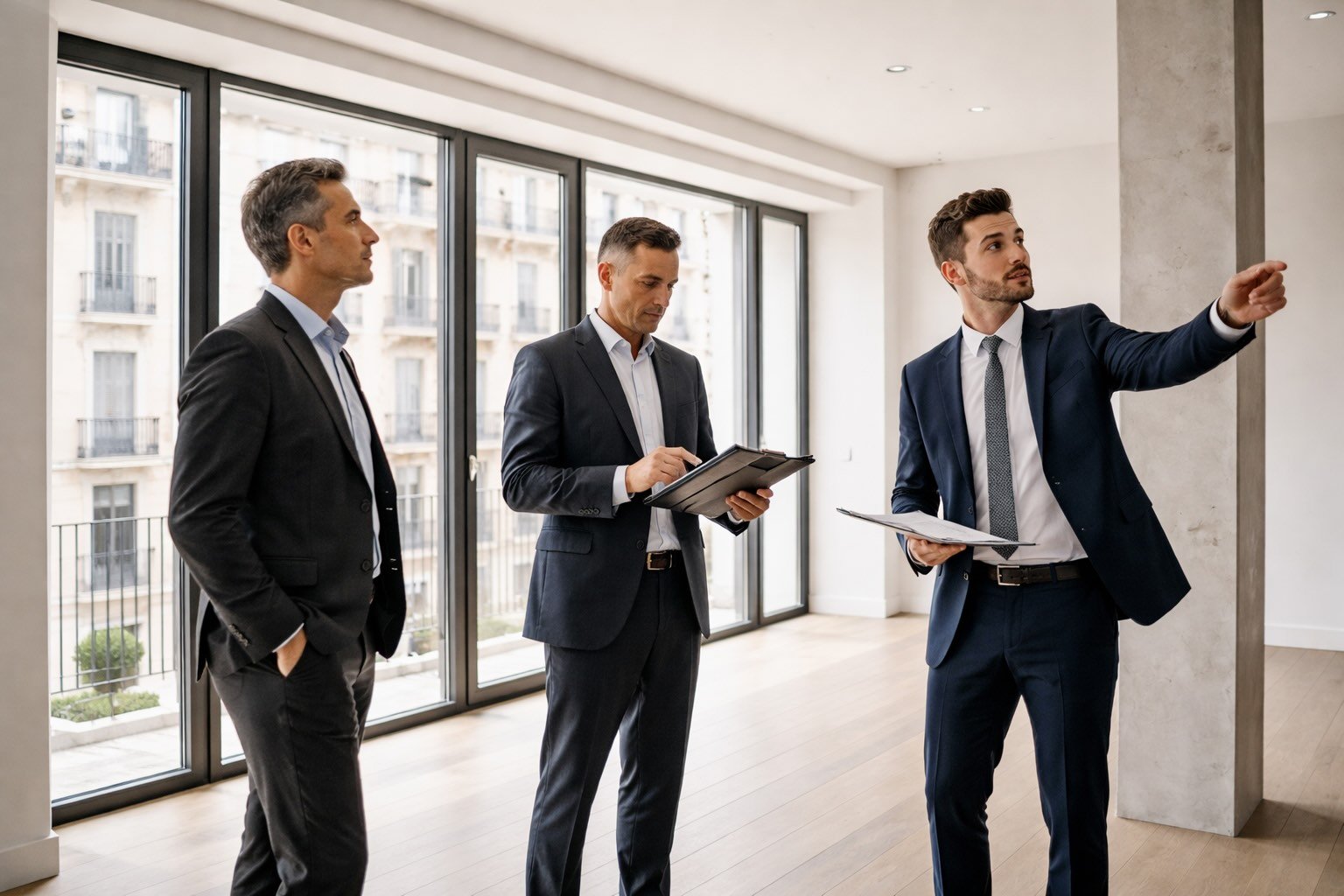 Vender inmueble a inversor en Madrid. Consultor e inversores analizando un inmueble en Madrid con enfoque profesional
