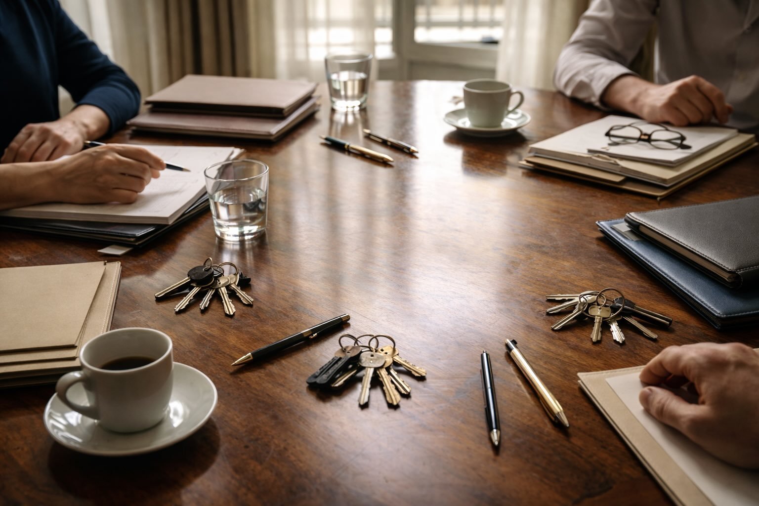 Vivienda heredada con varios propietarios en Madrid. Mesa de reunión con documentación y varias llaves para una vivienda heredada en Madrid con varios propietarios