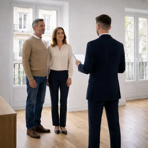 Agente inmobiliario realizando una valoración de vivienda en Madrid con una pareja de propietarios