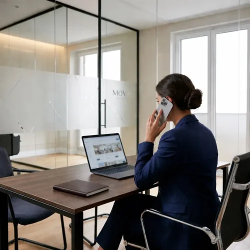 Agente inmobiliaria seleccionando compradores en una oficina moderna de Madrid